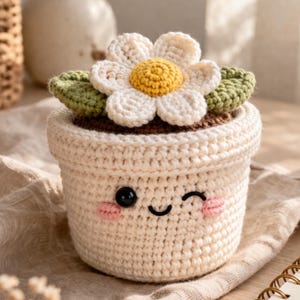 Peut inclure: Un pot de fleur crocheté de couleur crème avec un visage souriant, un œil qui cligne et des joues roses. Il est surmonté d'une fleur blanche et jaune, de feuilles vertes et de terre brune.