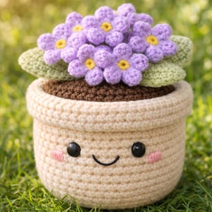 Virkmönster för blomkruka med syrenblomma i PDF-format | Amigurumi-krukblomma | Söt virkad växtdekoration | Mors dag-present | Nybörjarvänlig