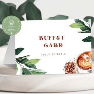 Cartão de comida de buffet editável Tema de café, Um pequeno feijão está sendo preparado, Etiqueta da estação de comidaChá de panela, Chá de bebê, Folhas de eucalipto, CO1