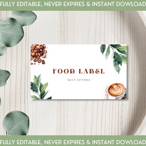 Cartão de comida de buffet com tema de café editável, download instantâneo, etiqueta de comida de mesa, folhas de eucalipto e café com leite, estação de comida, cartão de nome do convidado, CO1
