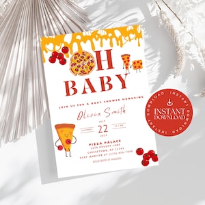 Oh Baby Pizza Baby Shower Template, Pizza and Pacifier Baby Shower Invitation, Editable Pizza Slice Baby Shower Invitation 5x7 Canva, PZA22