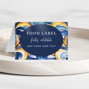 Place Cards Template Coastal, Buffet Dinner Menu, Amalfi Bridal Shower, Blue and White Tile Lemon, Italian Baby Shower, Amalfi Coast, AC2