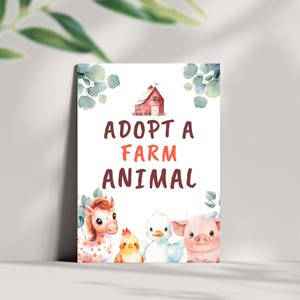 Adopt a Farm Animal Birthday Favor Sign, Printable Sign, Barnyard Party Decor, Instant Download, Farm Animal Adoption, FRA1