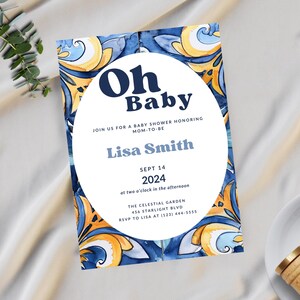 Amalfi Coast Baby Shower Invitation, Oh Baby Baby Shower Invitation, Blue and White Tile Lemon, Italian Baby Shower, Amalfi Coast, AC2