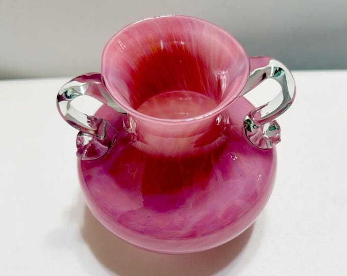 Vintage Pink Cased Art Glass Double Handle Vase, Mid Century Polish Tarnowiec Style Cranberry White Mini Bud Vase, Applied Scroll Handles