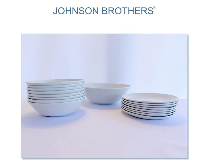 Vintage Johnson Brothers White Ironstone Set, 8 Bowls, 8 Plates, 1 Serving Bowl, Made in England, Discontinued Mid-Century Dinnerware