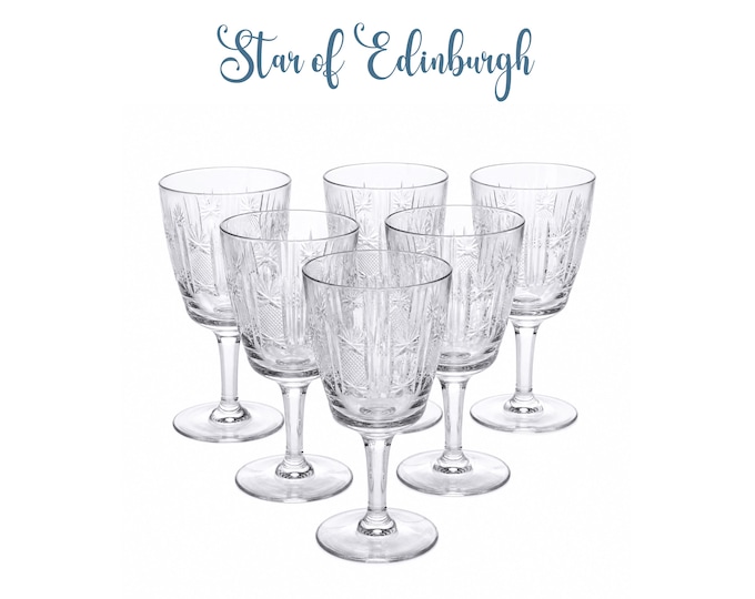 Vintage Edinburgh Crystal Star of Edinburgh Wine Glasses - 5 1/4" Tall Cut Lead Crystal Stemware, Made in Scotland - Pristine Set of 6