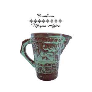 Vintage Frankoma keramik Maya Aztec kanna, 7D Prairie Green ISLäpp, 2 Quart kanna, Oklahoma keramik Art Deco, Mid Century Decor
