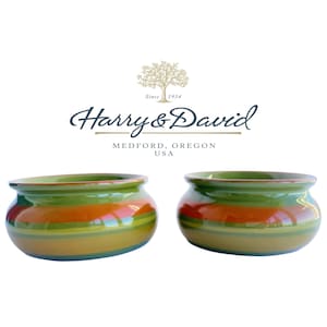 Vintage Harry & David Keramik Salsa Skålar Set om 2, Grön/Orange Randiga Terrakotta Krydddippskålar, Perfekt Vintage Skick