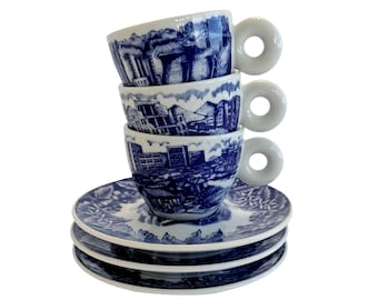 Zestaw 3 filiżanek do espresso i spodków z kolekcji Illy Art Collection z 2005 roku, Rufus Willis Rosenthal, Niemcy, niebiesko-biała porcelana, zestaw Demitasse, wycofany z użytku