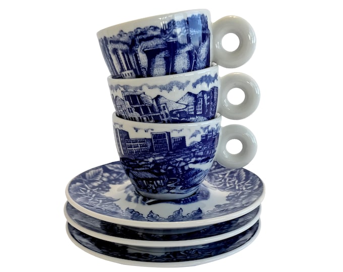 Vintage 2005 illy Art Collection Espresso Cups Saucers Set of 3 Rufus Willis Rosenthal Germany Blue White Porcelain Demitasse Retired Set