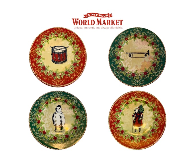 Set of 6 World Market Victorian Christmas 8" Salad Dessert Plates Vintage Holiday Dinnerware Retro Santa Snowman Holly Discontinued