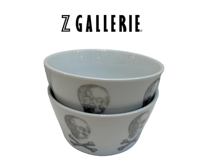 Z Gallerie Skull and Crossbones Porcelain Bowls Set of 2 Discontinued Silver Platinum Metallic Halloween Goth Chic Dinnerware 5.5”