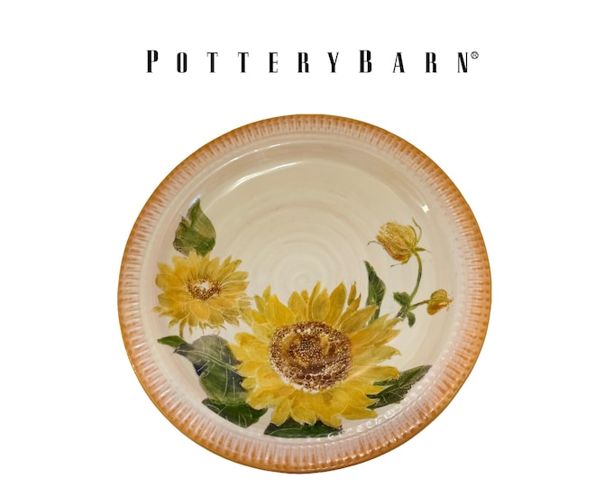 Vintage Pottery Barn Sunflower Salad Plates Set of 6, Hand Painted Stoneware Luncheon Plates Discontinued Ribbed Rim Pristine