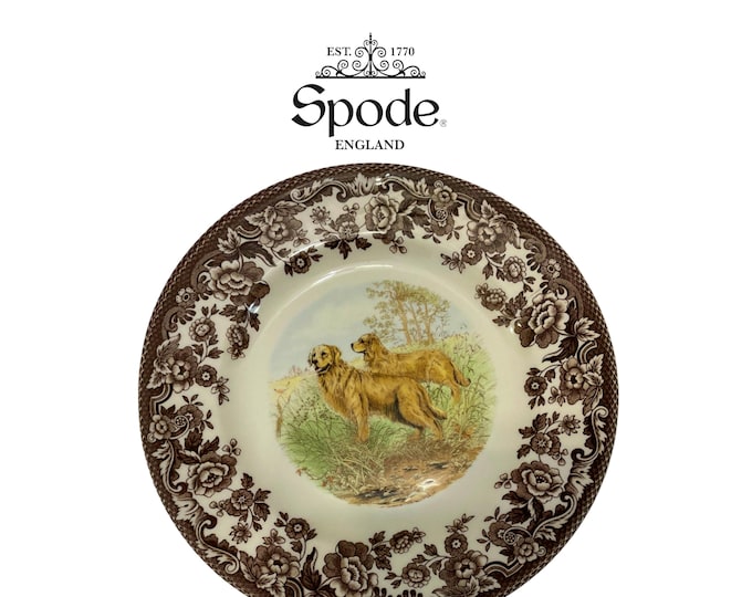 Vintage Spode Woodland Salad Plate Hunting Dogs, Pristine Museum Quality Fine Earthenware, 8" Brown Floral Transferware, Made in England