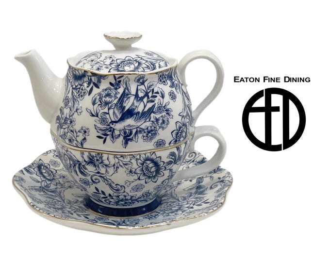 Vintage Eaton Fine Dining Porcelain Tea for One Set, Blue and White Floral, Stacking Teapot, Cup, & Saucer Trio - Pristine Vintage Condition