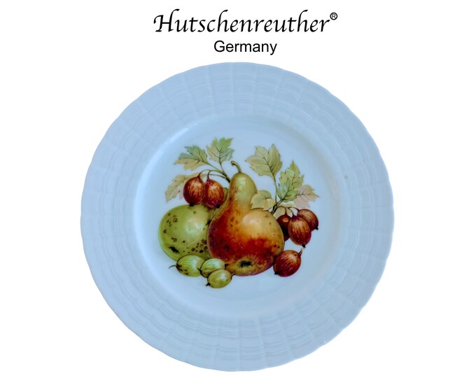 Vintage Hutschenreuther Germany Fruit & Nuts Salad Plates, Set of 4, Embossed Basketweave Elite Rim, Pristine Fall Harvest Fine Porcelain
