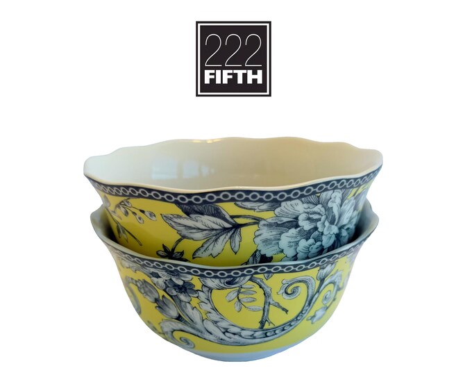 Set of 222 Fifth Adelaide Yellow Bowls, Porcelain French Toile Bird Floral Scalloped Soup Cereal Dishes, Retired Replacement Dinnerware