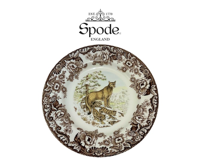 Spode Woodland Dinner Plate Winter Scenes Cougar 10.5” Fine Earthenware Made in England Discontinued, Museum Quality, Pristine Condition!