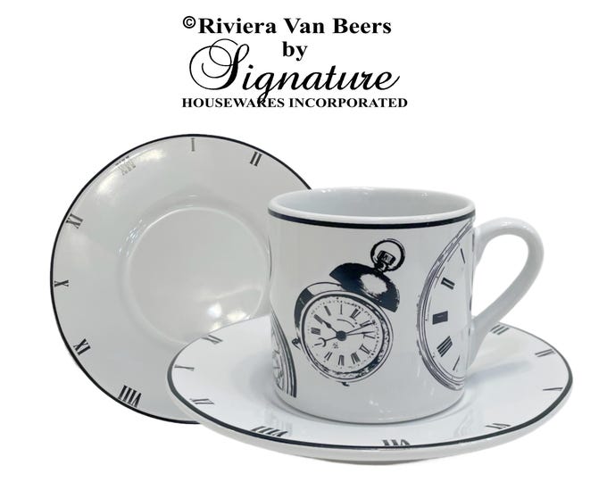 Vintage Riviera Van Beers by Signature "Classics Clock" Demitasse Espresso Cup and Saucer Set of 4, Pristine Condition White and Black Motif