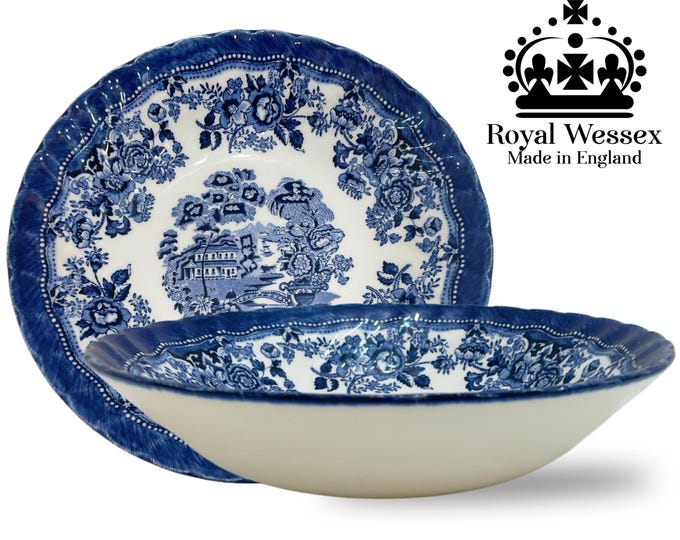 Vintage Royal Wessex Tonquin Blue Serving Bowl by Queen's by Churchill, English Ironstone, Blue & White Transferware, Pristine Condition