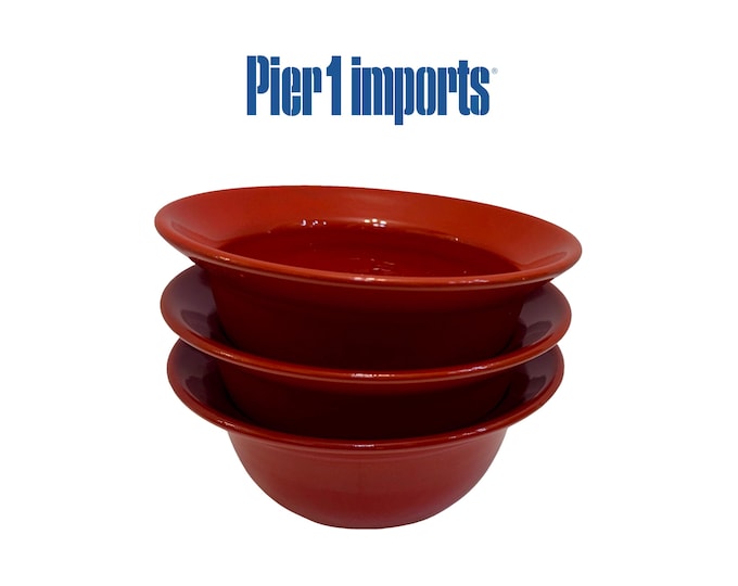 Set of 3 Pier 1 Imports Red Spain Soup Cereal Bowls, 6.75”, Vintage, Discontinued Earthenware Vibrant Red Spanish Glaze Deep Soup Bowls