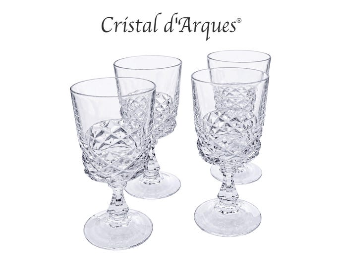 Vintage Cristal D'Arques Durand Diamant/Diamond Pattern Clear Lead Crystal Water Wine Goblets Set of 4 France 6" Tall