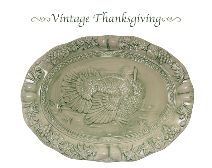 Vintage Green Turkey Platter Large 19" Ceramic Thanksgiving Serving Tray, Embossed Majolica Style Border, Made in Portugal Retro Fall Decor