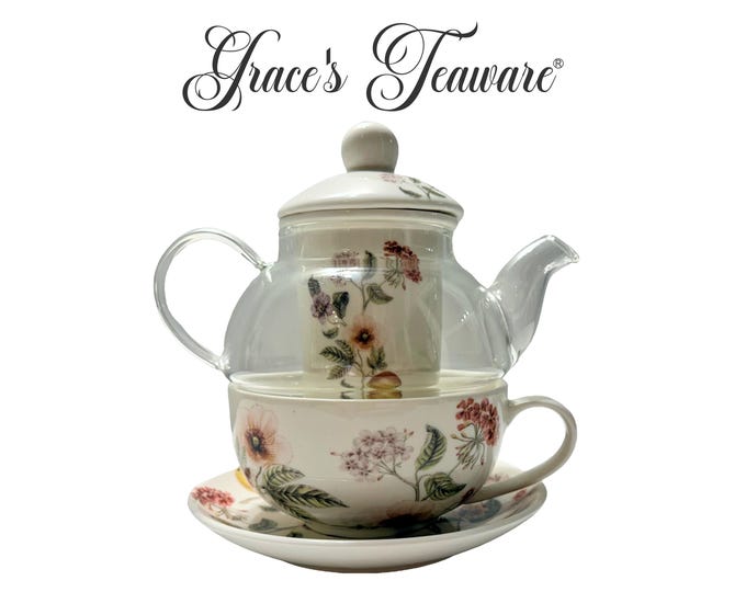 Grace Teaware Garden Joy Tea for One Set - Pristine Glass Teapot, Fine Porcelain Cup, Saucer & Infuser - Retired Floral Stacking Tea Set