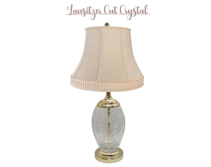 Vintage Lausitzer Glas 24% Lead Crystal Table Lamp, Hand Cut Rose Floral Design & Brass Base, Made in GDR East Germany, Hollywood Regency