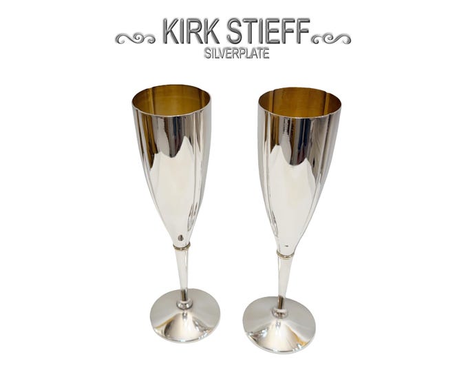 Vintage Kirk Stieff Silverplate Champagne Flutes Set of 2, Gold Wash Interior Wedding Toasting Glasses, Elegant Mid-Century Modern Barware