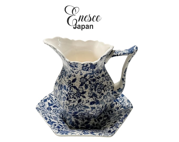Vintage Enesco Japan Blue Chintz Mini Pitcher and Hexagonal Plate Set, Cottagecore Blue & White Floral Ceramic Creamer Underplate duo