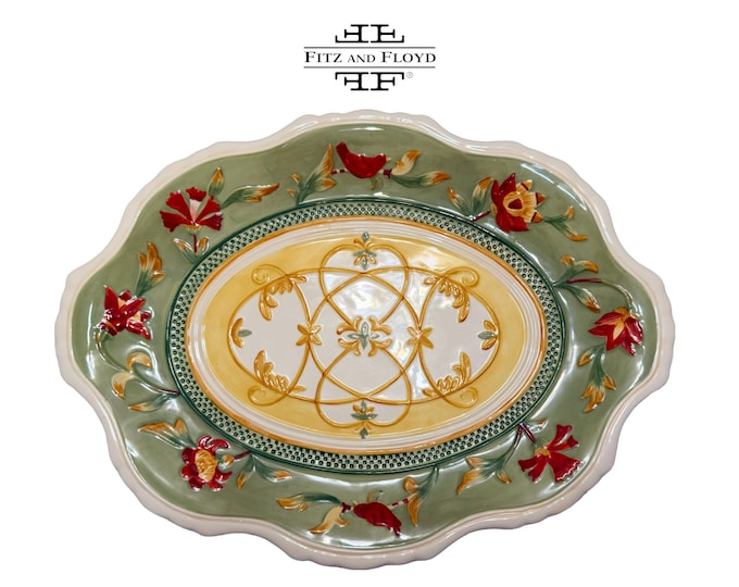 Vintage Fitz and Floyd Bellacara Oval Serving Platter | 16.5" Scalloped Ceramic Serving Tray with Birds & Red Flowers | Discontinued