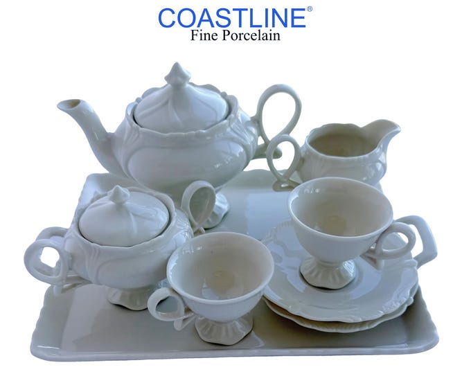 Vintage Coastline Fine Porcelain Tea Set with Matching Tray, 8pc White Embossed Footed Teapot, Creamer, Sugar Bowl, Cups, Saucers