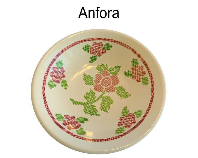 Vintage Anfora Mexico Needlepoint Rose Bowls - Set of 5 Heavy Restaurant Ware 8" Soup Pasta Plates, Red & Green Cross Stitch Floral Motif