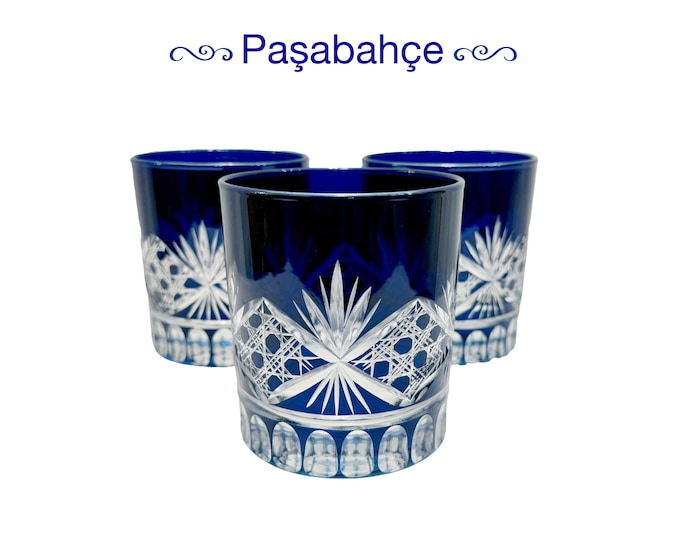 Rare Vintage Pasabahce Cobalt Blue Cut to Clear Old Fashioned Glasses, Set of 3 Starburst Diamond Whiskey Rocks Tumblers MCM, Authenticated