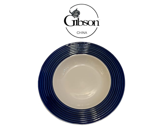 Vintage Gibson Living Circles Blue Rim Soup Bowls 9" Cobalt Ribbed Rim Cream White Ceramic Stoneware Replacements Set of 4