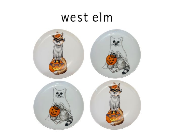 Set of 4 West Elm Dapper Animal Halloween Salad Plates by Rachel Kozlowski - Pristine Condition, Retired Fox Bandit & Raccoon Ghost Set
