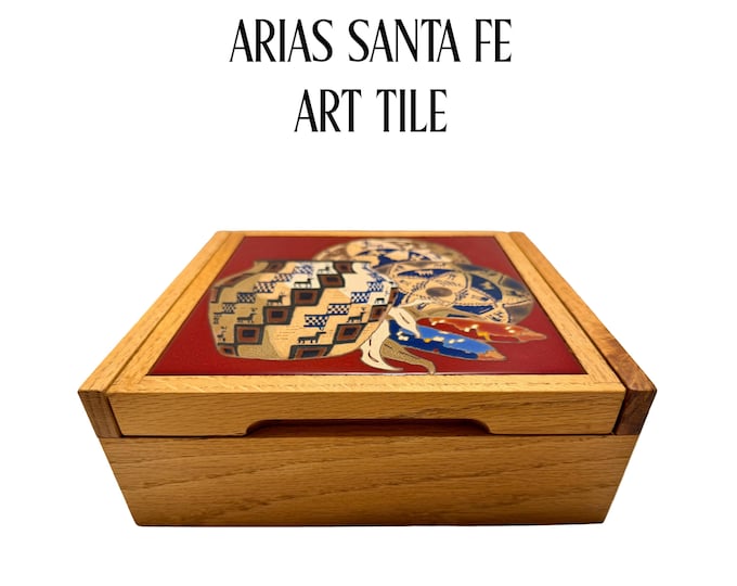 Vintage Arius Santa Fe Art Tile Oak Jewelry Box Trio Basket Jasper Southwest Keepsake Storage Trunk Authentic Native American Motif