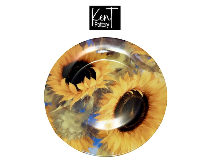 Vintage Kent Pottery Sunflower Salad Plates 7.5" Set of 2 | Discontinued Ceramic Sunflower Bread Plates Vibrant Yellow & Blue Floral Decor