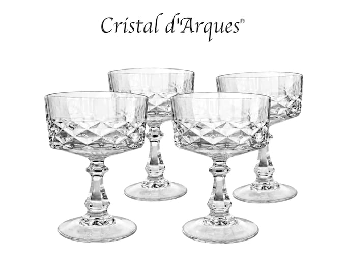 Vintage Cristal D'Arques Durand Diamant Diamond Pattern Clear Lead Crystal Champagne Glasses Set of 4 France 4 3/4" Tall