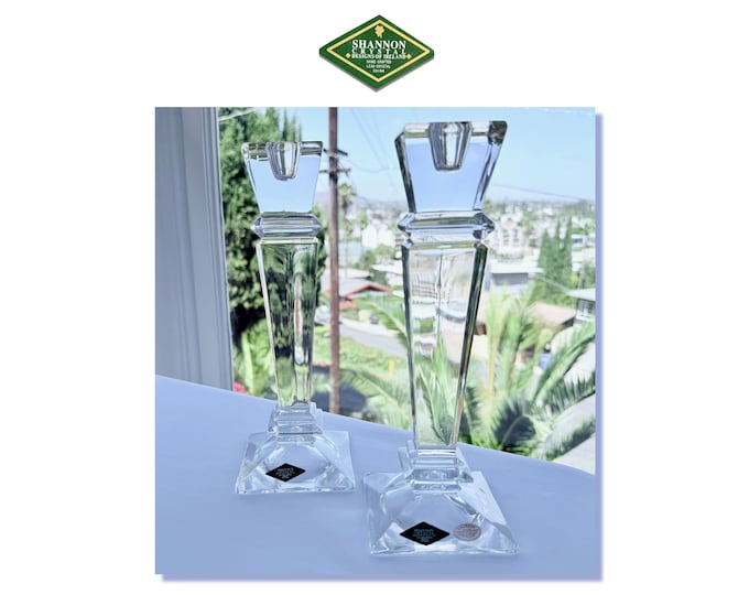 Vintage Shannon Crystal 10" Tall Candle Holders Set, Godinger 24% Lead Crystal Taper & Pillar Candlestick Pair, 4x4 Heavy Square Base