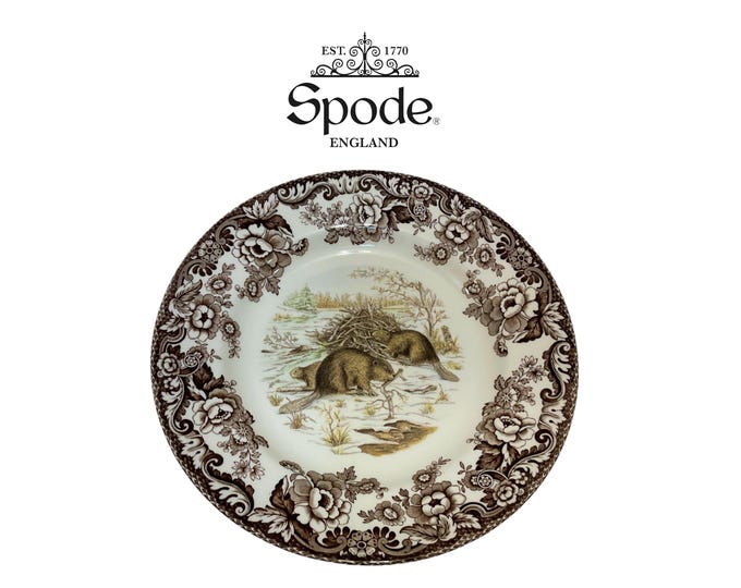 Spode Woodland Dinner Plate Winter Scenes Beaver 10.5” Fine Earthenware Made in England Discontinued, Museum Quality, Pristine Condition!