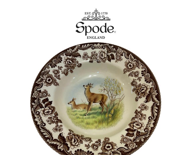 Vintage Spode Woodland Mule Deer Soup Plate, 9" Rimmed Soup Bowl, Fine English Earthenware, Pristine Condition, Individual Replacement China