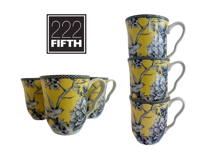 Vintage 222 Fifth Adelaide Yellow Mugs Set of 3, Fine Porcelain Toile Coffee Cups Birds Floral Pattern Discontinued Discontinued Yellow Grey