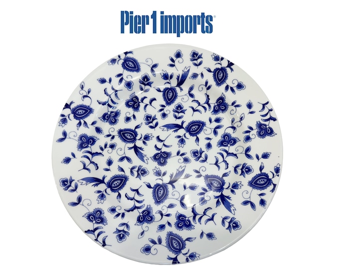 Vintage Pier 1 Eliza Blue White Chintz Dinner Plates & Soup Bowls Set, Discontinued Italian Earthenware Floral Dinnerware