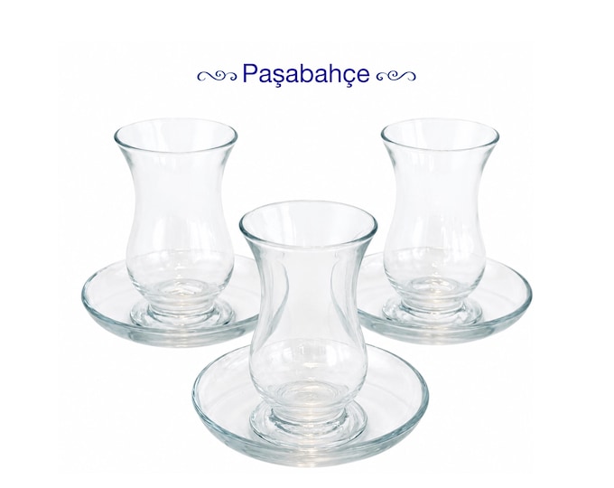 Vintage Pasabahce Turkish Tea Glass Set of 3 with Saucers, Traditional Tulip Shaped Clear Glass Slim Waist Cay Bardagi, Pristine Condition