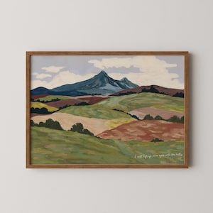May include: A framed landscape painting depicts rolling hills and a mountain range under a cloudy sky. The artwork features a palette of greens, browns, and blues, with the text "I will lift up mine eyes unto the hills" at the bottom.