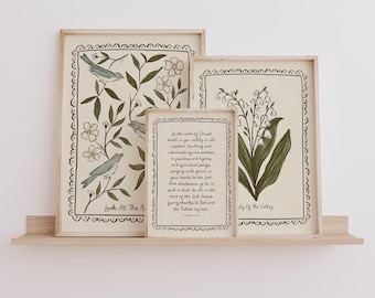 3 Piece Wall Art Set, Lily of the Valley, Folk Bird Scripture Prints