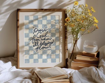 Blue Checkered Doxology Wall Art Print - Christian Hymn Home Decor Printable | Digital Download